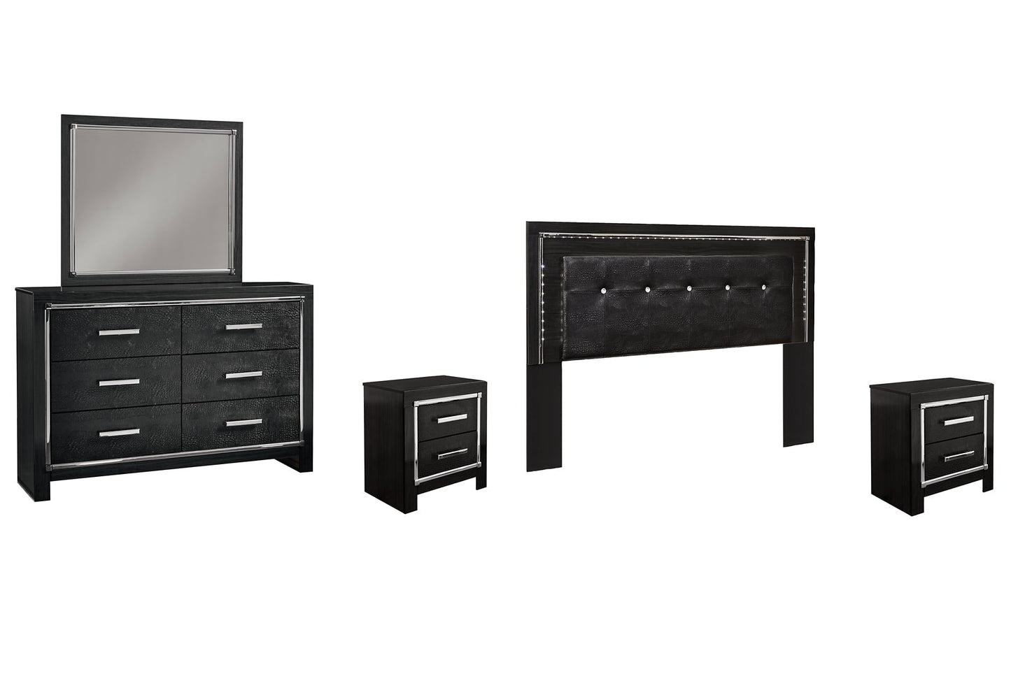 Kaydell King/California King Upholstered Panel Headboard with Mirrored Dresser and 2 Nightstands at Towne & Country Furniture (AL) furniture, home furniture, home decor, sofa, bedding