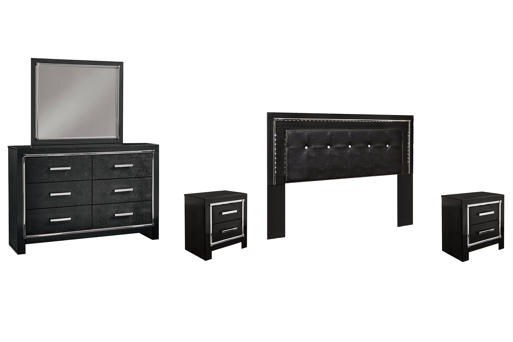 Kaydell King/California King Upholstered Panel Headboard with Mirrored Dresser and 2 Nightstands at Towne & Country Furniture (AL) furniture, home furniture, home decor, sofa, bedding