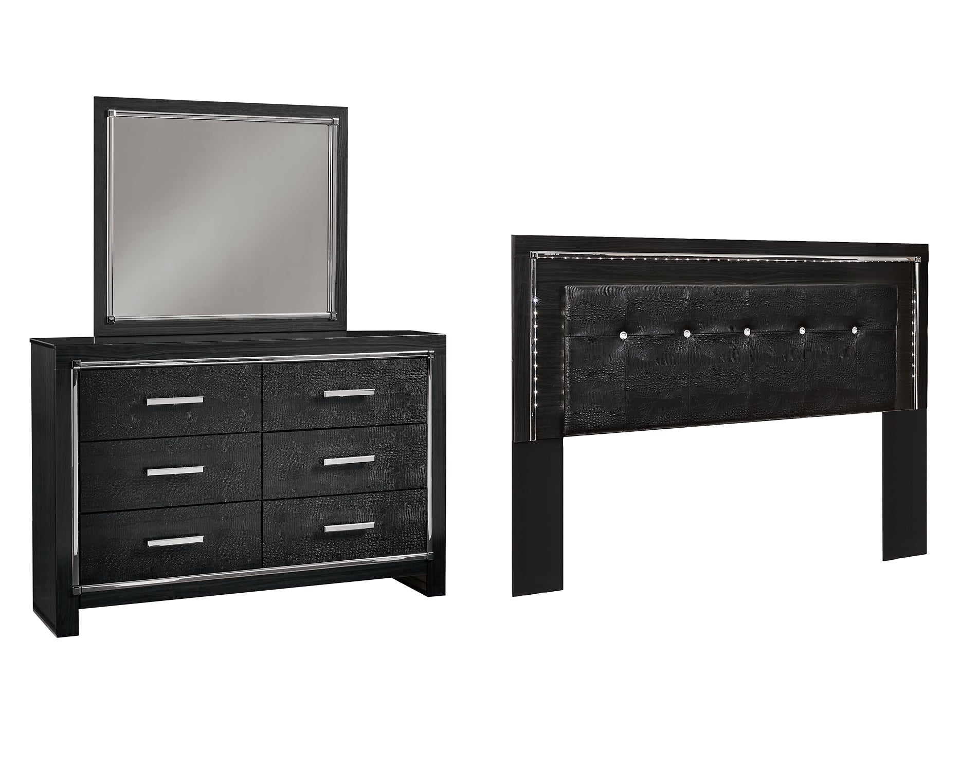 Kaydell King/California King Upholstered Panel Headboard with Mirrored Dresser at Towne & Country Furniture (AL) furniture, home furniture, home decor, sofa, bedding