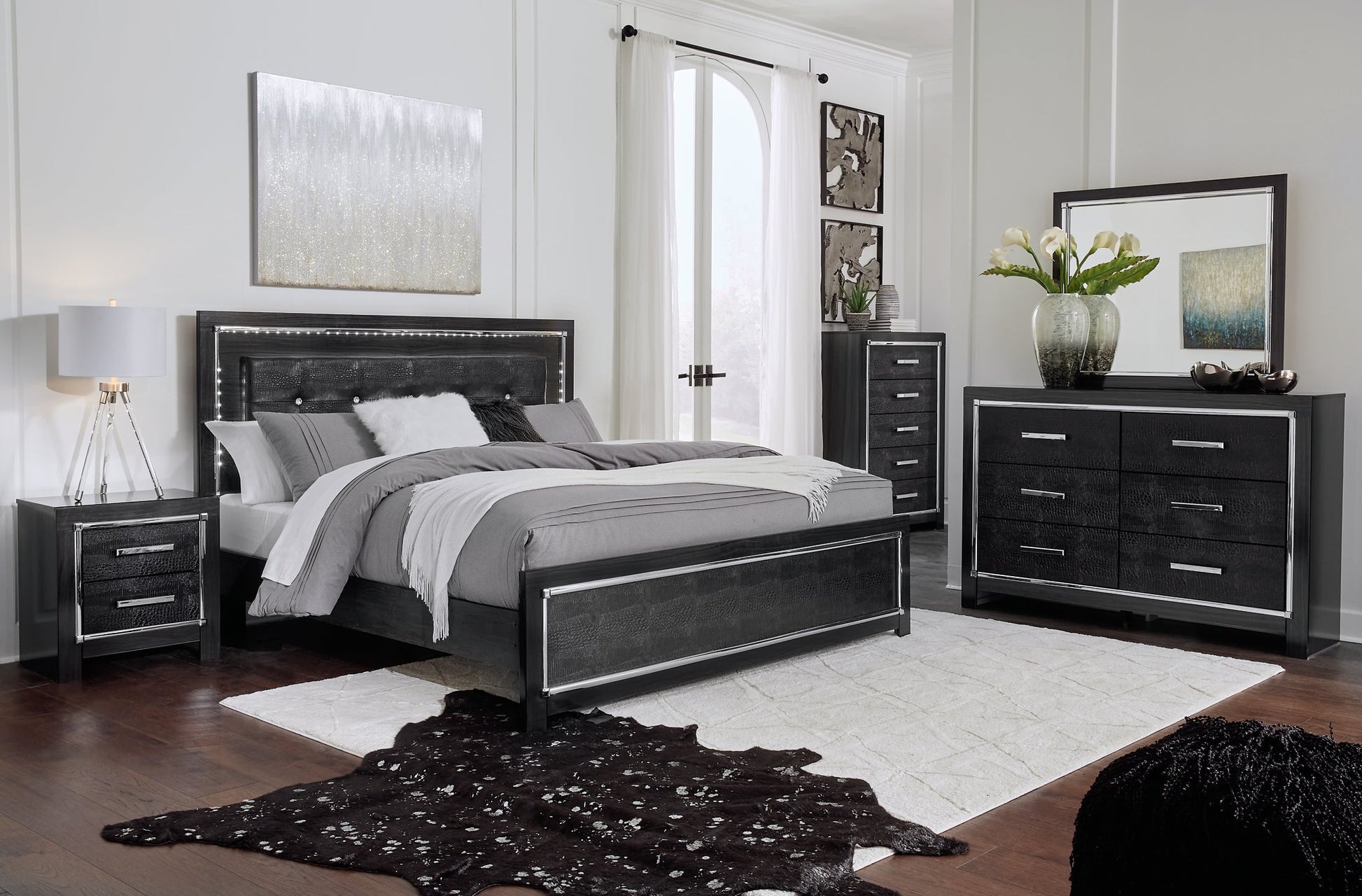 Kaydell King Upholstered Panel Bed with Mirrored Dresser and 2 Nightstands at Towne & Country Furniture (AL) furniture, home furniture, home decor, sofa, bedding