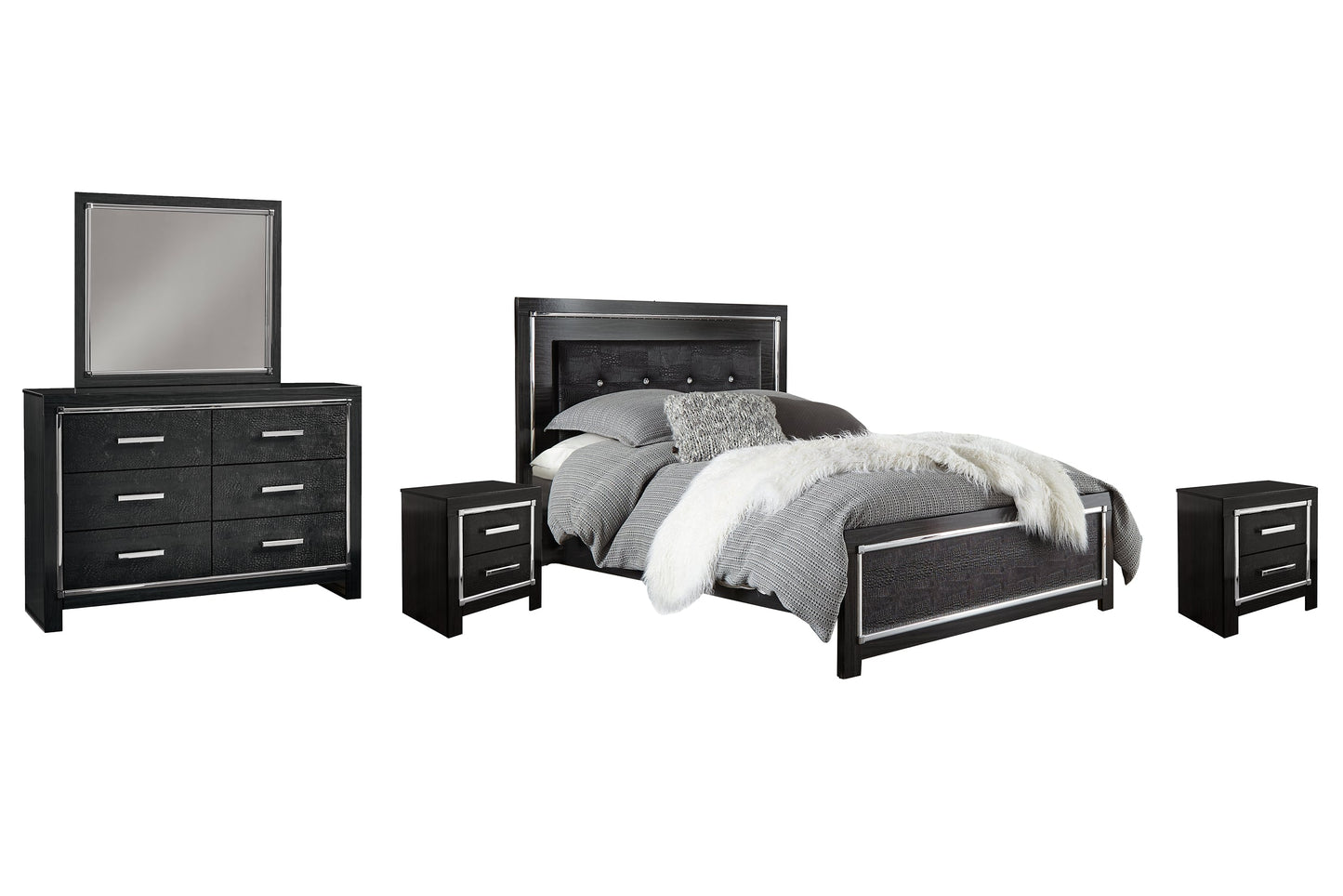 Kaydell King Upholstered Panel Bed with Mirrored Dresser and 2 Nightstands at Towne & Country Furniture (AL) furniture, home furniture, home decor, sofa, bedding