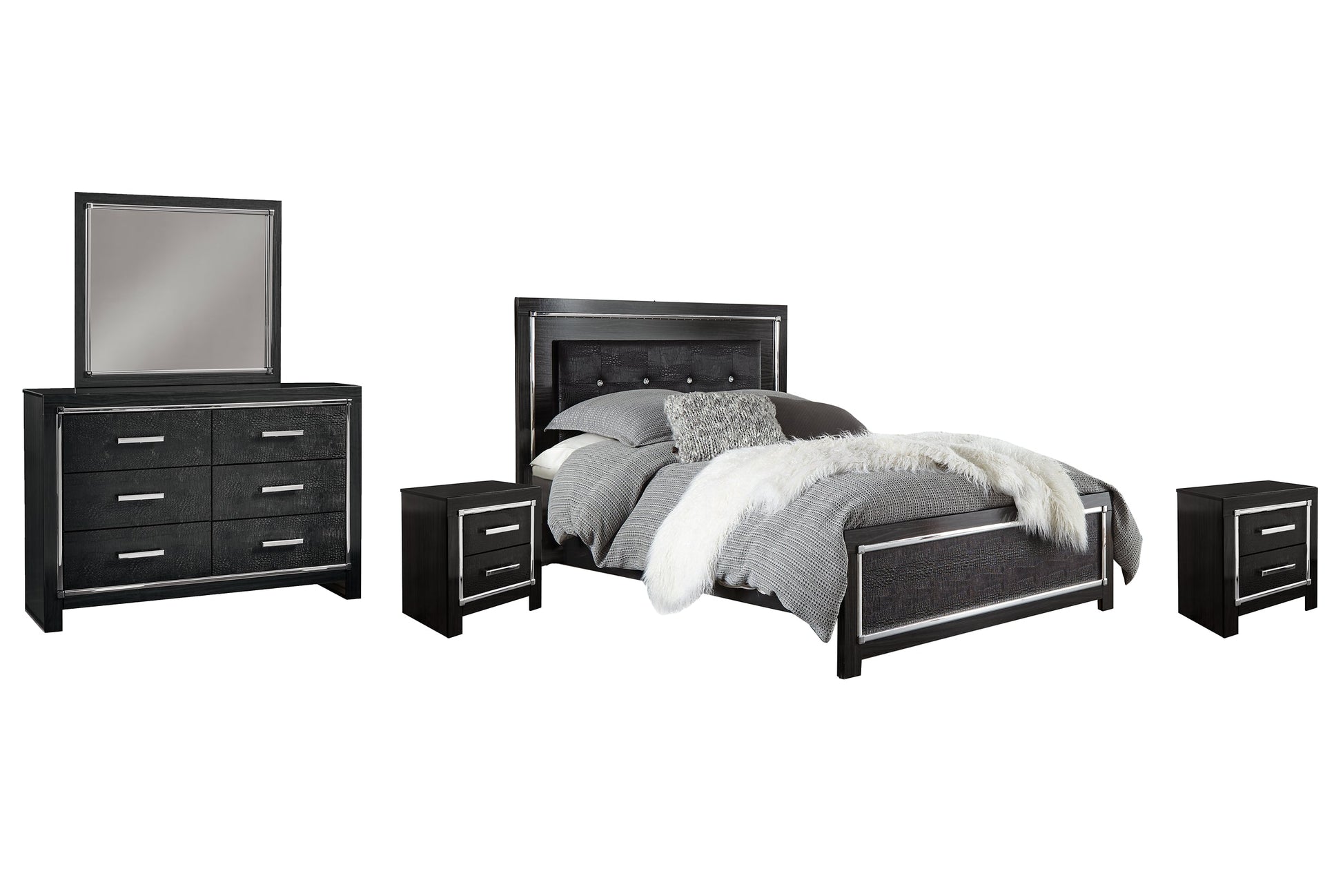 Kaydell King Upholstered Panel Bed with Mirrored Dresser and 2 Nightstands at Towne & Country Furniture (AL) furniture, home furniture, home decor, sofa, bedding