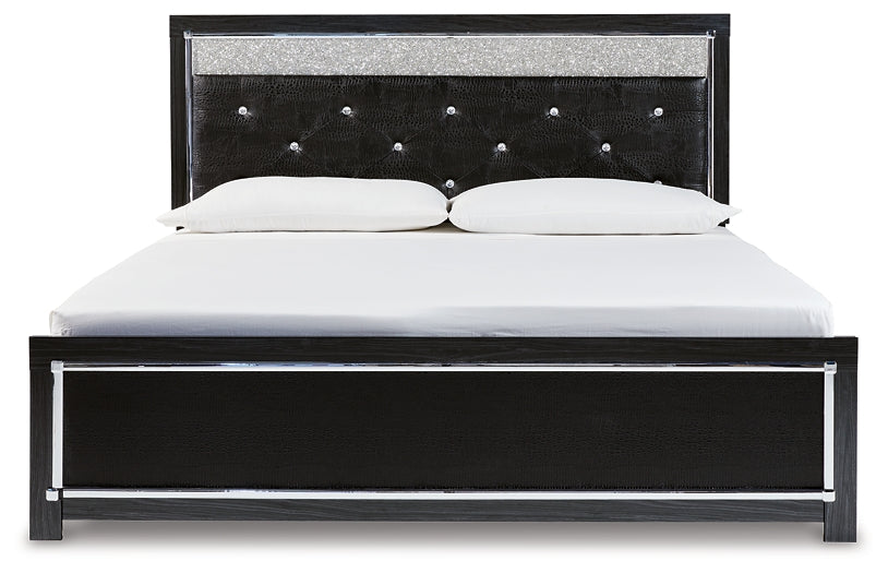 Kaydell King Upholstered Panel Bed with Mirrored Dresser and Chest at Towne & Country Furniture (AL) furniture, home furniture, home decor, sofa, bedding