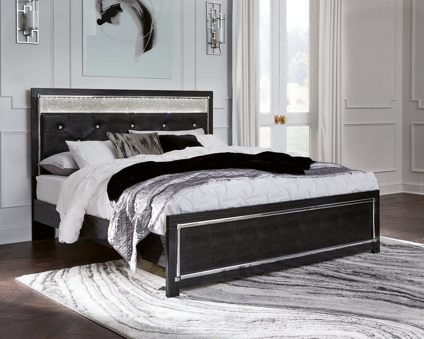 Kaydell King Upholstered Panel Bed with Mirrored Dresser and Chest at Towne & Country Furniture (AL) furniture, home furniture, home decor, sofa, bedding