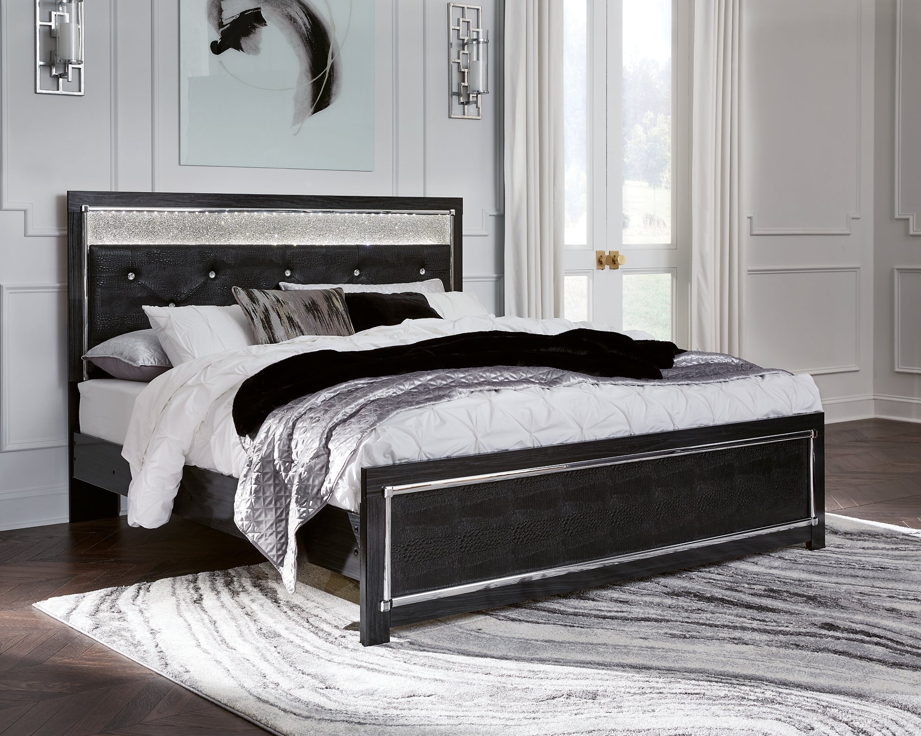 Kaydell King Upholstered Panel Bed with Mirrored Dresser and Chest at Towne & Country Furniture (AL) furniture, home furniture, home decor, sofa, bedding