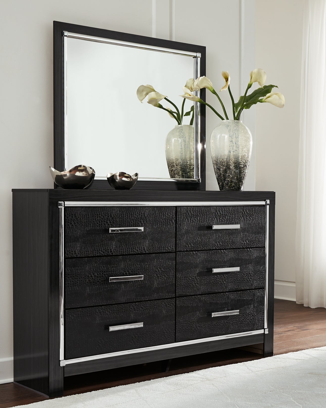 Kaydell King Upholstered Panel Headboard with Mirrored Dresser, Chest and Nightstand at Towne & Country Furniture (AL) furniture, home furniture, home decor, sofa, bedding