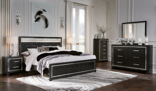 Kaydell King Upholstered Panel Platform Bed with Mirrored Dresser, Chest and 2 Nightstands at Towne & Country Furniture (AL) furniture, home furniture, home decor, sofa, bedding