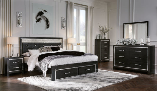 Kaydell King Upholstered Panel Storage Bed with Mirrored Dresser, Chest and 2 Nightstands at Towne & Country Furniture (AL) furniture, home furniture, home decor, sofa, bedding