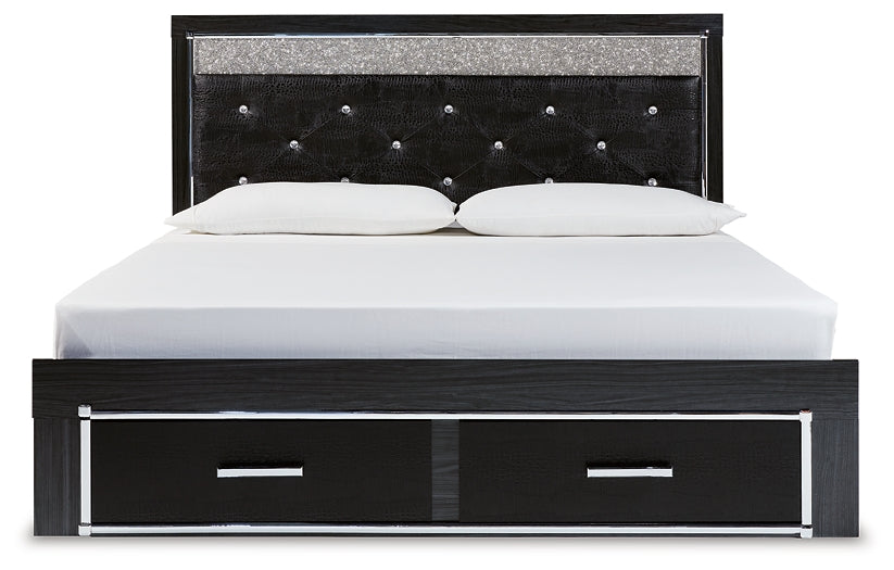 Kaydell King Upholstered Panel Storage Bed with Mirrored Dresser and 2 Nightstands at Towne & Country Furniture (AL) furniture, home furniture, home decor, sofa, bedding