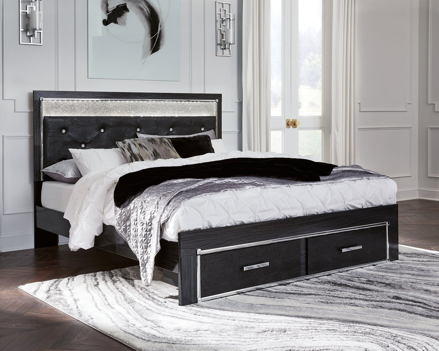 Kaydell King Upholstered Panel Storage Bed with Mirrored Dresser and 2 Nightstands at Towne & Country Furniture (AL) furniture, home furniture, home decor, sofa, bedding