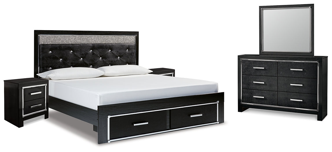 Kaydell King Upholstered Panel Storage Bed with Mirrored Dresser and 2 Nightstands at Towne & Country Furniture (AL) furniture, home furniture, home decor, sofa, bedding