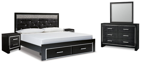 Kaydell King Upholstered Panel Storage Bed with Mirrored Dresser and 2 Nightstands at Towne & Country Furniture (AL) furniture, home furniture, home decor, sofa, bedding