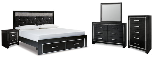 Kaydell King Upholstered Panel Storage Platform Bed with Mirrored Dresser, Chest and Nightstand at Towne & Country Furniture (AL) furniture, home furniture, home decor, sofa, bedding