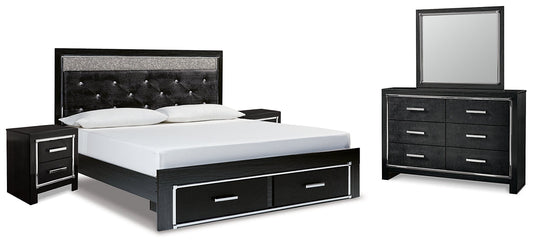 Kaydell King Upholstered Panel Storage Platform Bed with Mirrored Dresser and 2 Nightstands at Towne & Country Furniture (AL) furniture, home furniture, home decor, sofa, bedding