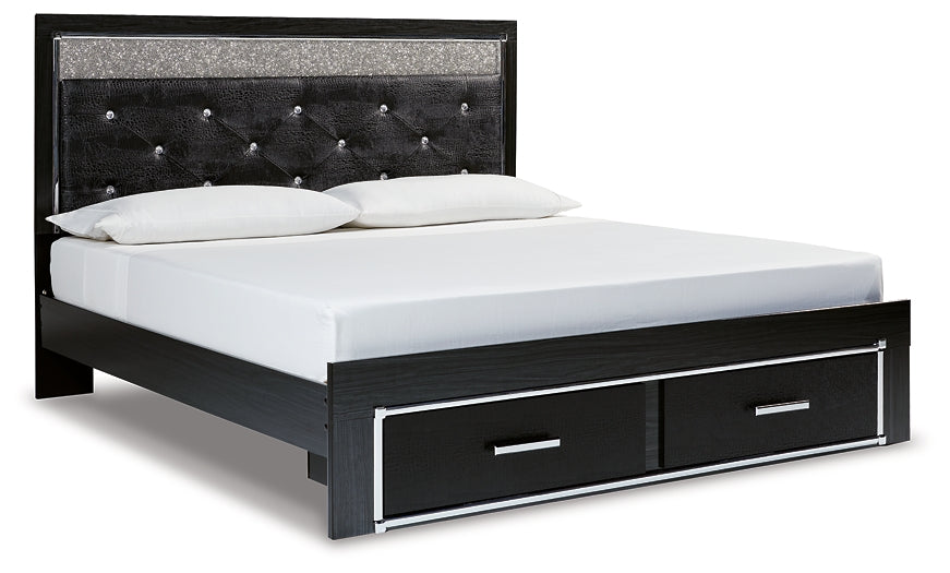 Kaydell King Upholstered Panel Storage Platform Bed with Mirrored Dresser and Chest at Towne & Country Furniture (AL) furniture, home furniture, home decor, sofa, bedding