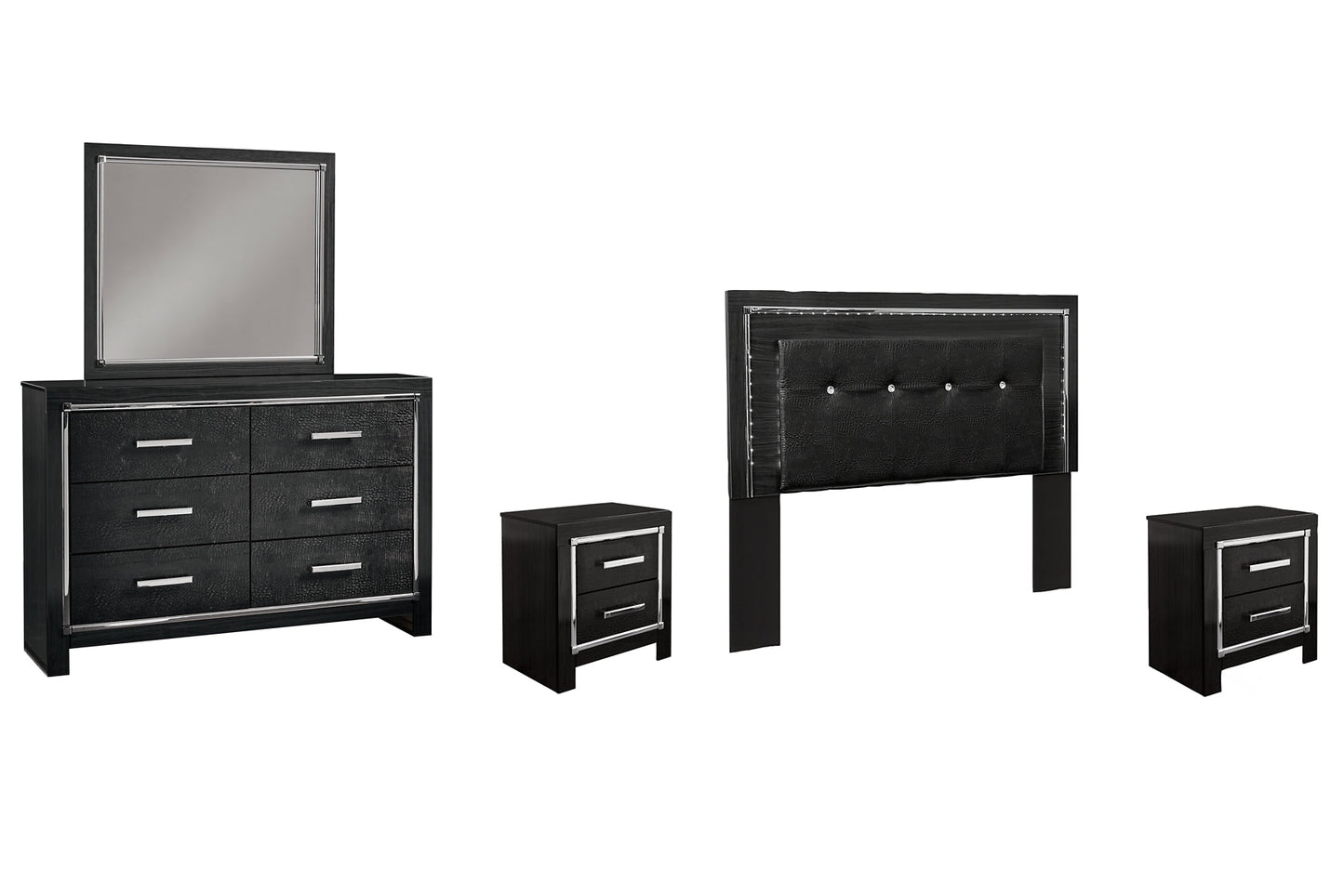 Kaydell Queen/Full Upholstered Panel Headboard with Mirrored Dresser and 2 Nightstands at Towne & Country Furniture (AL) furniture, home furniture, home decor, sofa, bedding