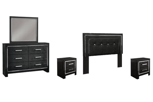 Kaydell Queen/Full Upholstered Panel Headboard with Mirrored Dresser and 2 Nightstands at Towne & Country Furniture (AL) furniture, home furniture, home decor, sofa, bedding