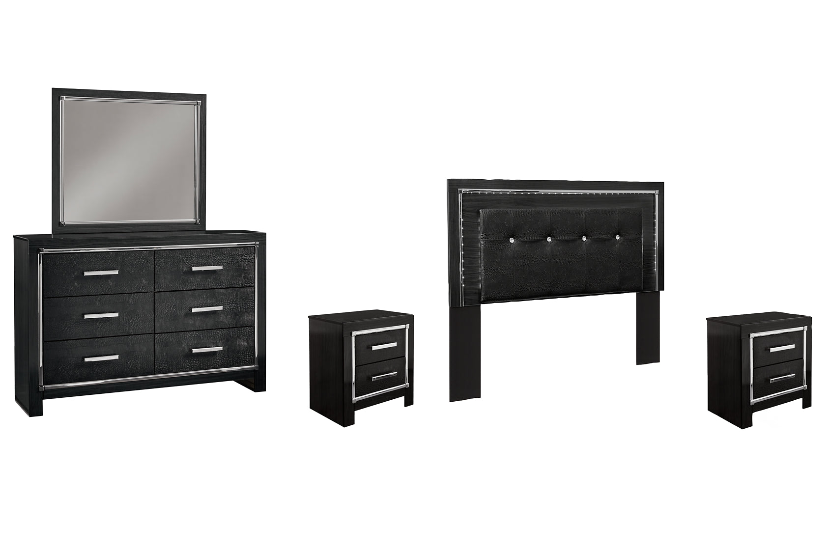 Kaydell Queen/Full Upholstered Panel Headboard with Mirrored Dresser and 2 Nightstands at Towne & Country Furniture (AL) furniture, home furniture, home decor, sofa, bedding