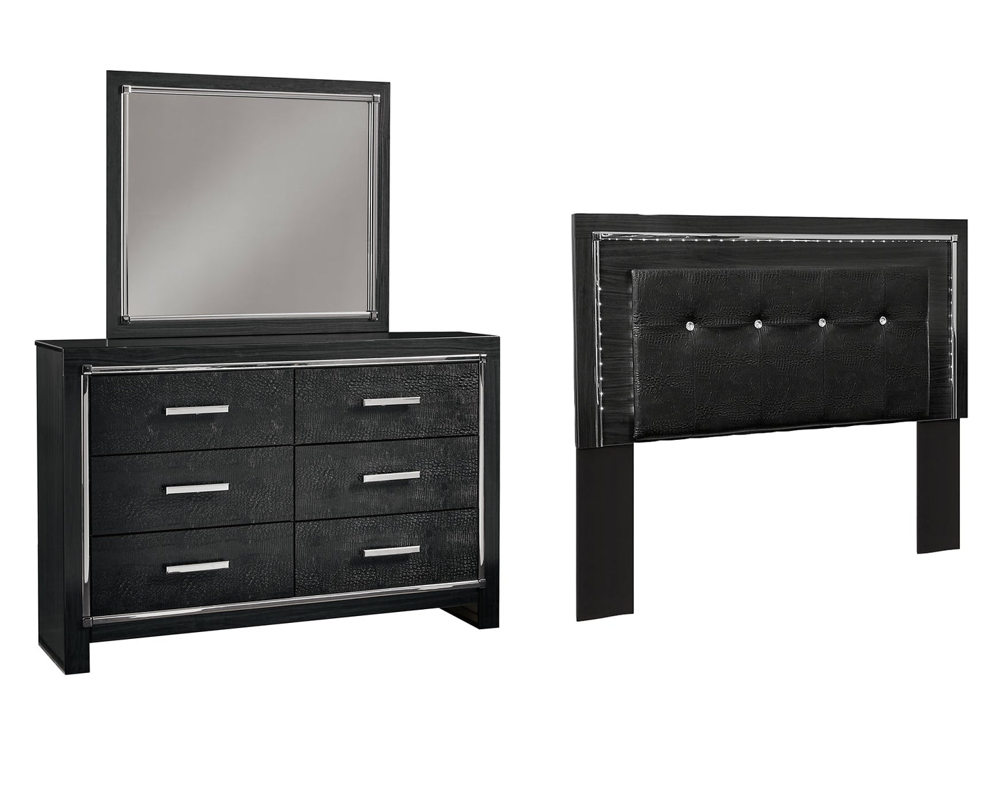 Kaydell Queen/Full Upholstered Panel Headboard with Mirrored Dresser at Towne & Country Furniture (AL) furniture, home furniture, home decor, sofa, bedding