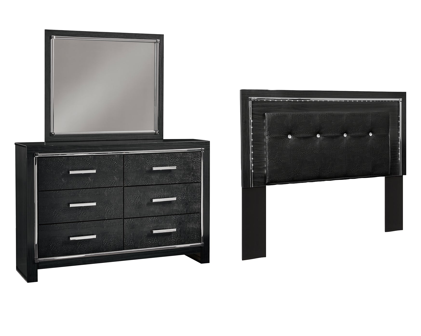 Kaydell Queen/Full Upholstered Panel Headboard with Mirrored Dresser at Towne & Country Furniture (AL) furniture, home furniture, home decor, sofa, bedding