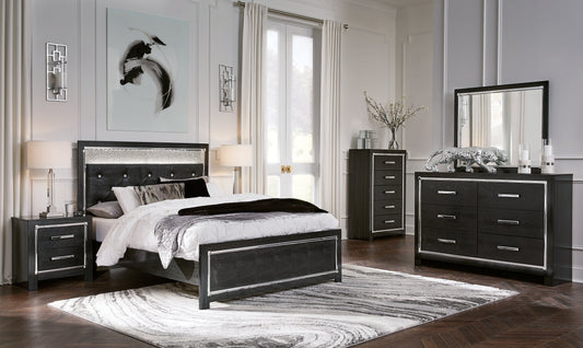 Kaydell Queen Upholstered Panel Bed with Mirrored Dresser, Chest and 2 Nightstands at Towne & Country Furniture (AL) furniture, home furniture, home decor, sofa, bedding