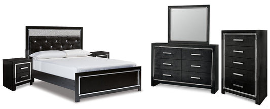 Kaydell Queen Upholstered Panel Bed with Mirrored Dresser, Chest and 2 Nightstands at Towne & Country Furniture (AL) furniture, home furniture, home decor, sofa, bedding