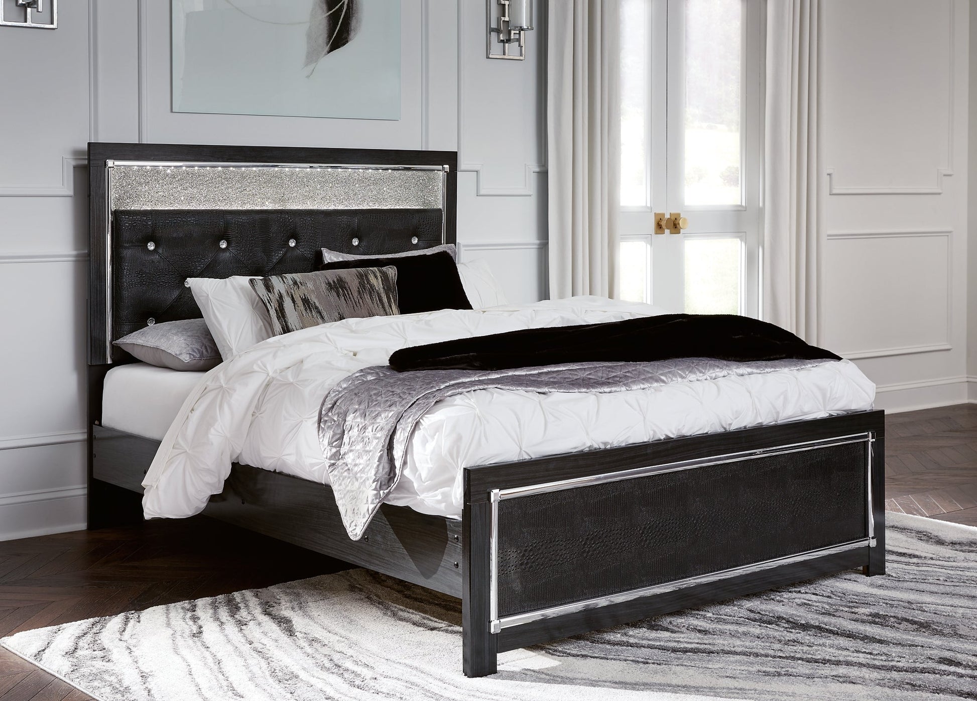 Kaydell Queen Upholstered Panel Bed with Mirrored Dresser at Towne & Country Furniture (AL) furniture, home furniture, home decor, sofa, bedding