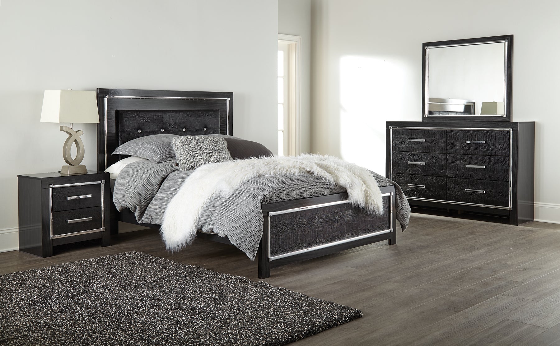 Kaydell Queen Upholstered Panel Bed with Mirrored Dresser at Towne & Country Furniture (AL) furniture, home furniture, home decor, sofa, bedding