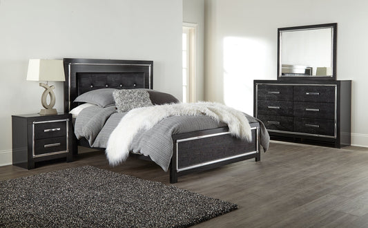 Kaydell Queen Upholstered Panel Bed with Mirrored Dresser at Towne & Country Furniture (AL) furniture, home furniture, home decor, sofa, bedding