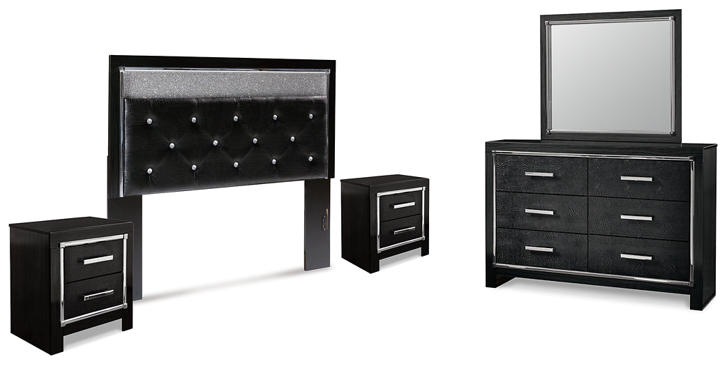 Kaydell Queen Upholstered Panel Headboard with Mirrored Dresser and 2 Nightstands at Towne & Country Furniture (AL) furniture, home furniture, home decor, sofa, bedding