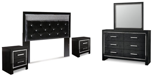 Kaydell Queen Upholstered Panel Headboard with Mirrored Dresser and 2 Nightstands at Towne & Country Furniture (AL) furniture, home furniture, home decor, sofa, bedding