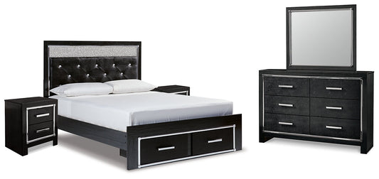 Kaydell Queen Upholstered Panel Storage Bed with Mirrored Dresser and 2 Nightstands at Towne & Country Furniture (AL) furniture, home furniture, home decor, sofa, bedding