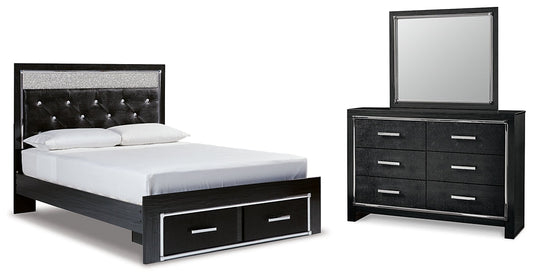 Kaydell Queen Upholstered Panel Storage Bed with Mirrored Dresser at Towne & Country Furniture (AL) furniture, home furniture, home decor, sofa, bedding