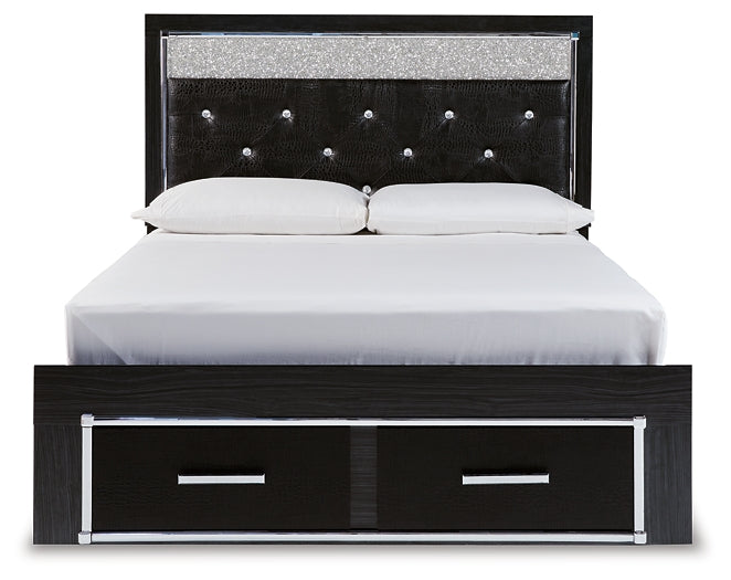Kaydell Queen Upholstered Panel Storage Platform Bed with Mirrored Dresser and 2 Nightstands at Towne & Country Furniture (AL) furniture, home furniture, home decor, sofa, bedding