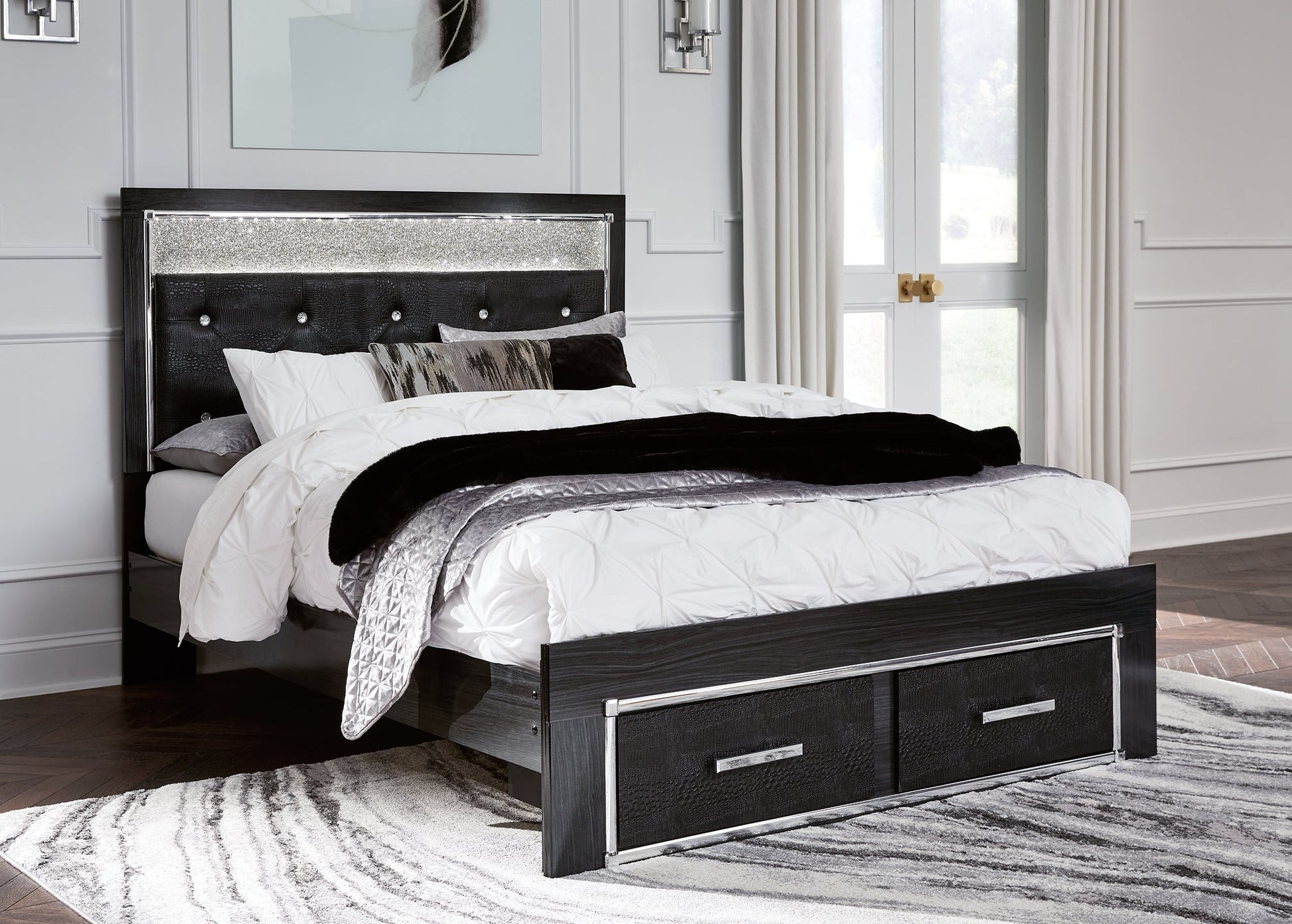 Kaydell Queen Upholstered Panel Storage Platform Bed with Mirrored Dresser at Towne & Country Furniture (AL) furniture, home furniture, home decor, sofa, bedding