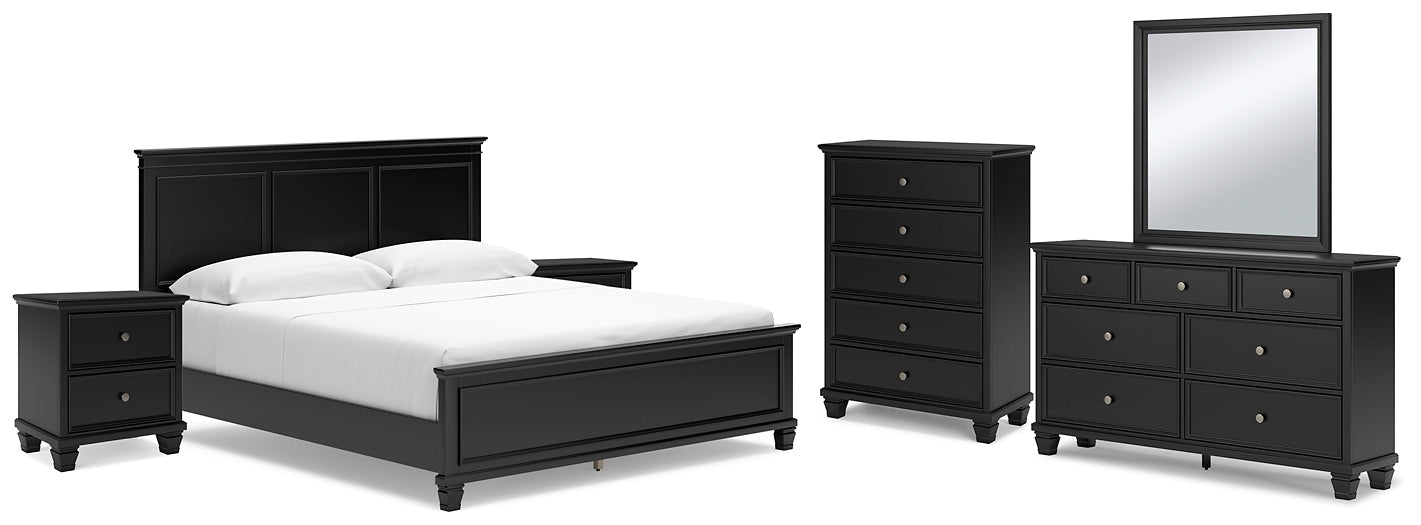 Lanolee California King Panel Bed with Mirrored Dresser, Chest and 2 Nightstands at Towne & Country Furniture (AL) furniture, home furniture, home decor, sofa, bedding