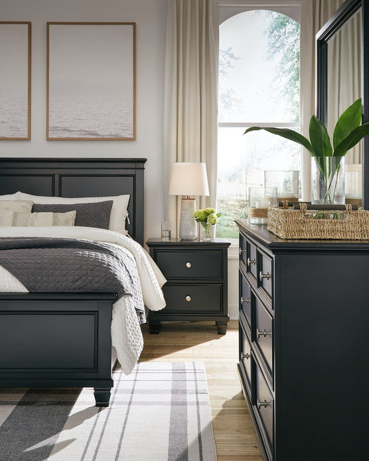 Lanolee California King Panel Bed with Mirrored Dresser and Nightstand at Towne & Country Furniture (AL) furniture, home furniture, home decor, sofa, bedding