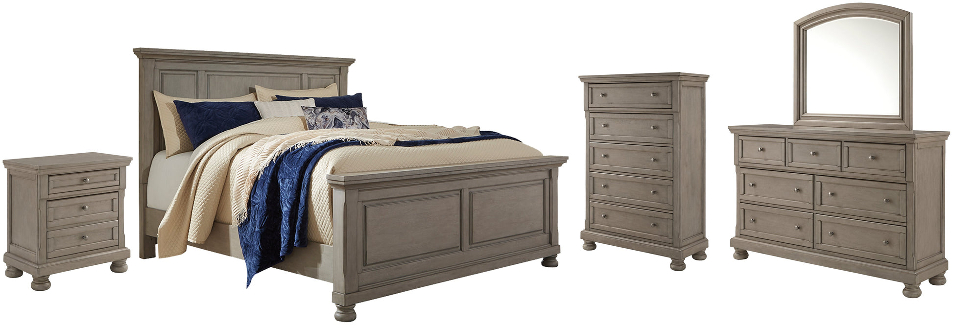 Lettner California King Panel Bed with Mirrored Dresser, Chest and Nightstand at Towne & Country Furniture (AL) furniture, home furniture, home decor, sofa, bedding