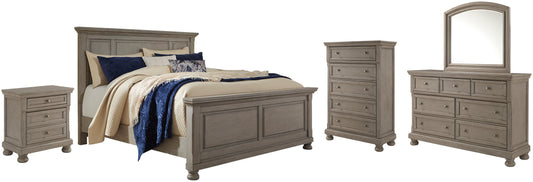 Lettner California King Panel Bed with Mirrored Dresser, Chest and Nightstand at Towne & Country Furniture (AL) furniture, home furniture, home decor, sofa, bedding