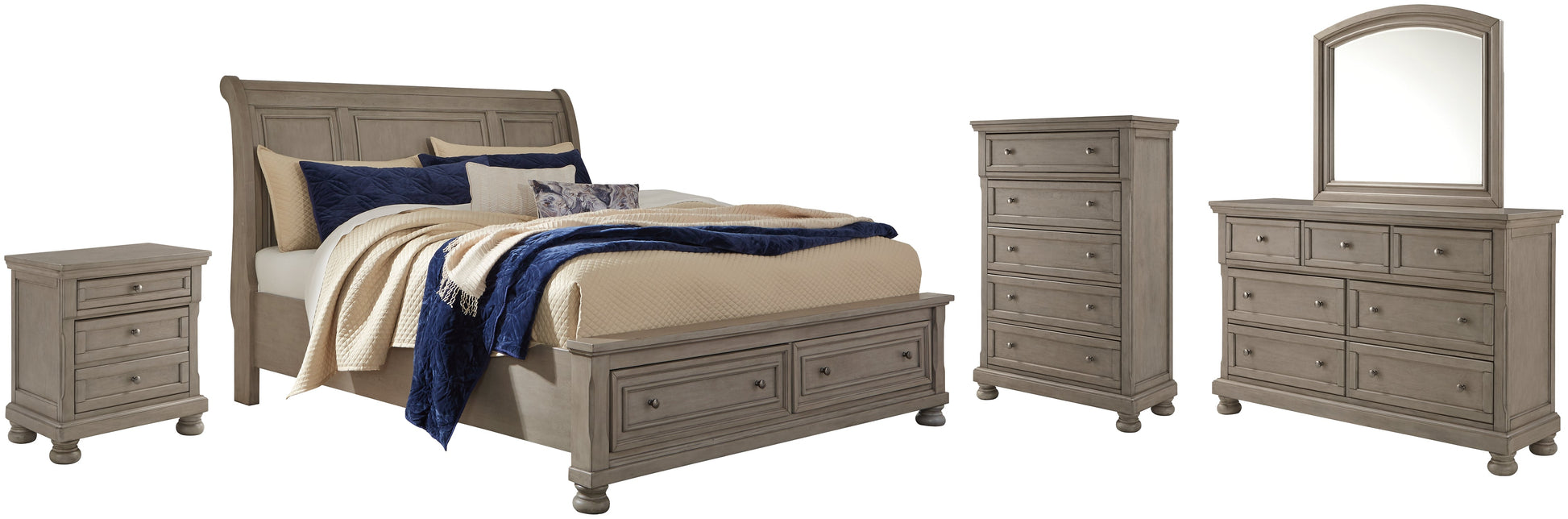 Lettner California King Sleigh Bed with Mirrored Dresser, Chest and Nightstand at Towne & Country Furniture (AL) furniture, home furniture, home decor, sofa, bedding