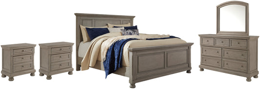 Lettner King Panel Bed with Mirrored Dresser and 2 Nightstands at Towne & Country Furniture (AL) furniture, home furniture, home decor, sofa, bedding