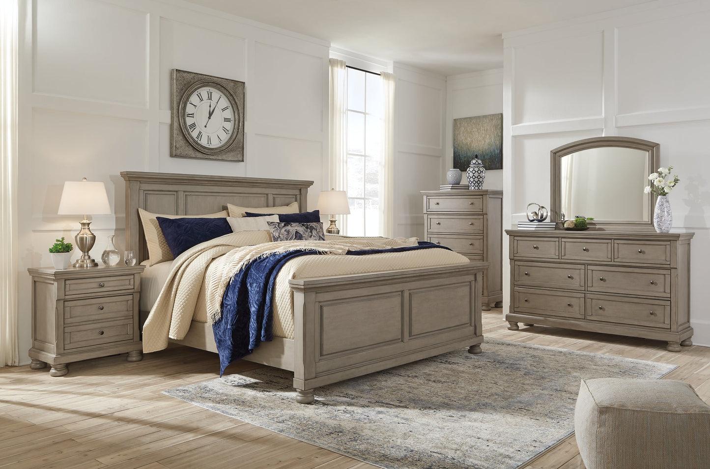 Lettner King Panel Bed with Mirrored Dresser and 2 Nightstands at Towne & Country Furniture (AL) furniture, home furniture, home decor, sofa, bedding