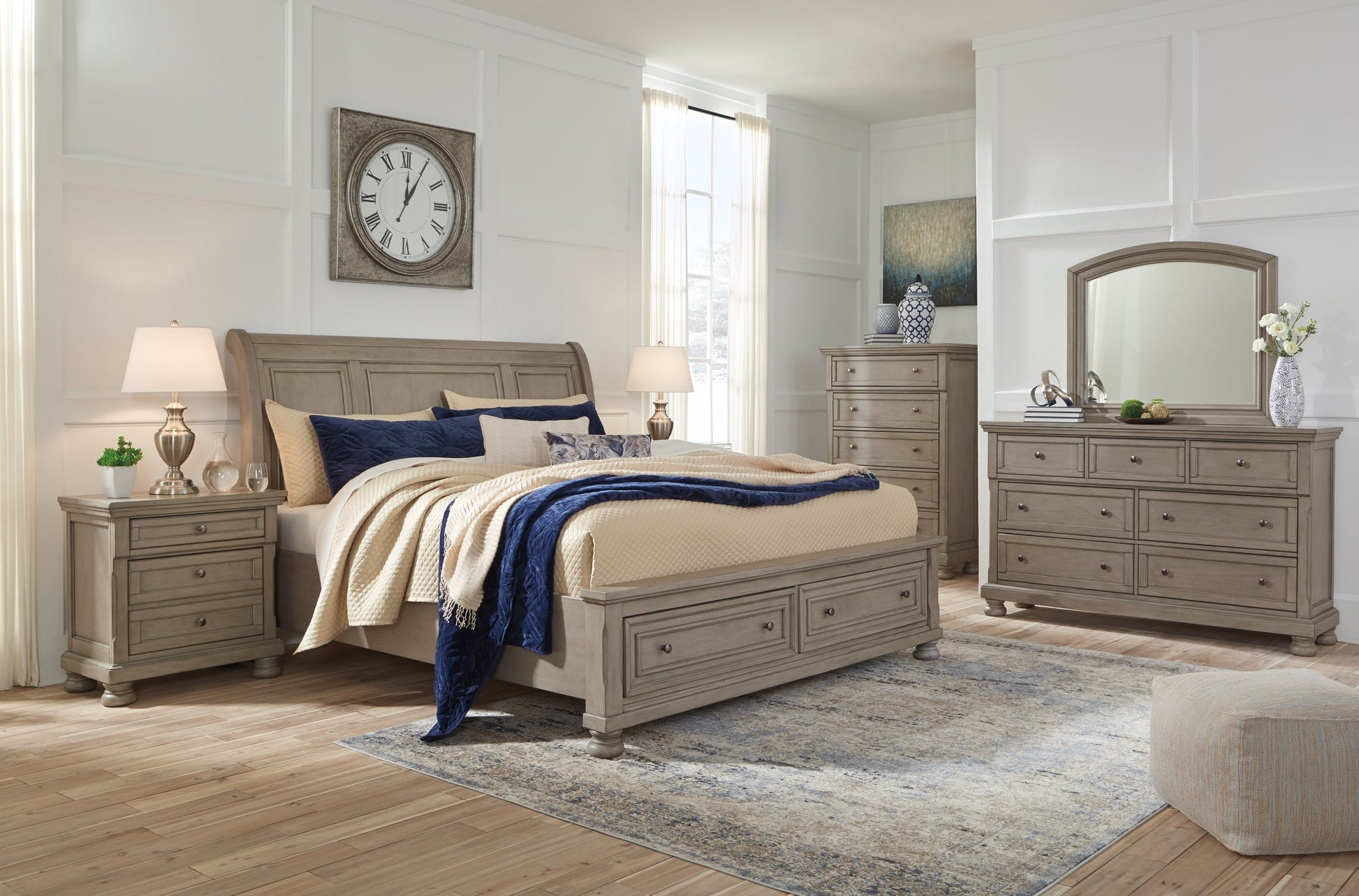 Lettner King Sleigh Bed with 2 Storage Drawers with Mirrored Dresser and 2 Nightstands at Towne & Country Furniture (AL) furniture, home furniture, home decor, sofa, bedding