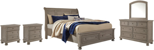 Lettner King Sleigh Bed with 2 Storage Drawers with Mirrored Dresser and 2 Nightstands at Towne & Country Furniture (AL) furniture, home furniture, home decor, sofa, bedding
