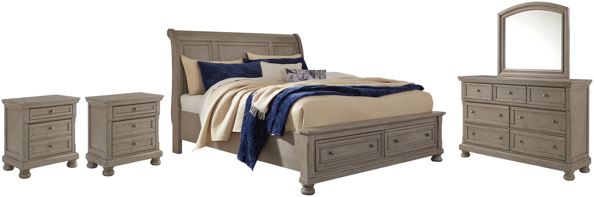 Lettner Queen Sleigh Bed with 2 Storage Drawers with Mirrored Dresser and 2 Nightstands at Towne & Country Furniture (AL) furniture, home furniture, home decor, sofa, bedding