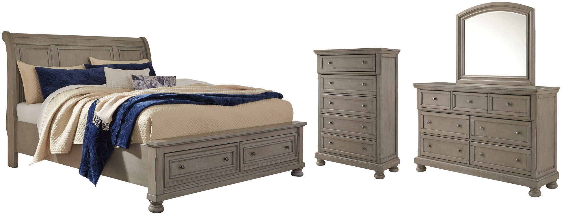 Lettner Queen Sleigh Bed with 2 Storage Drawers with Mirrored Dresser and Chest at Towne & Country Furniture (AL) furniture, home furniture, home decor, sofa, bedding