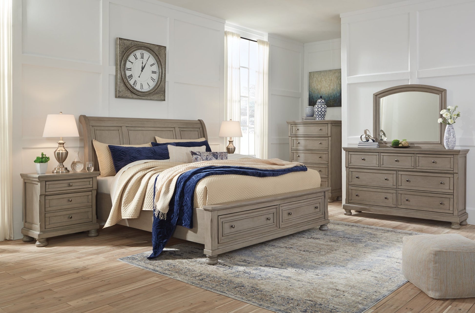 Lettner Queen Sleigh Bed with 2 Storage Drawers with Mirrored Dresser and Chest at Towne & Country Furniture (AL) furniture, home furniture, home decor, sofa, bedding