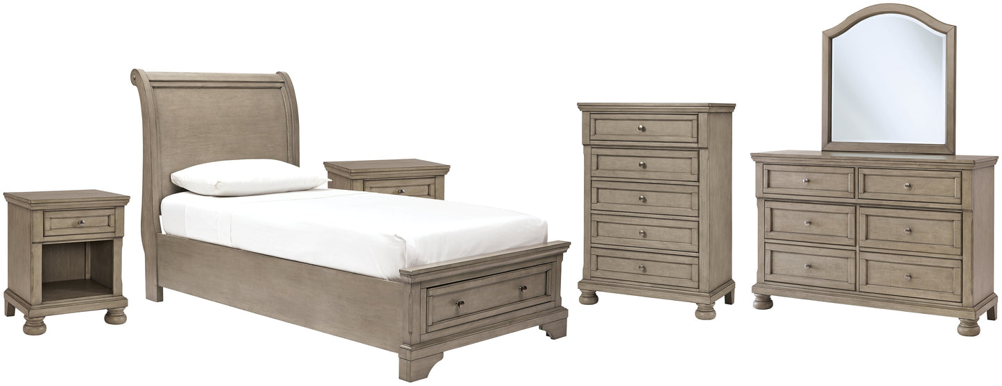 Lettner Twin Sleigh Bed with Mirrored Dresser, Chest and 2 Nightstands at Towne & Country Furniture (AL) furniture, home furniture, home decor, sofa, bedding