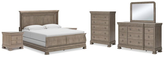 Lexorne California King Sleigh Bed with Mirrored Dresser, Chest and 2 Nightstands at Towne & Country Furniture (AL) furniture, home furniture, home decor, sofa, bedding