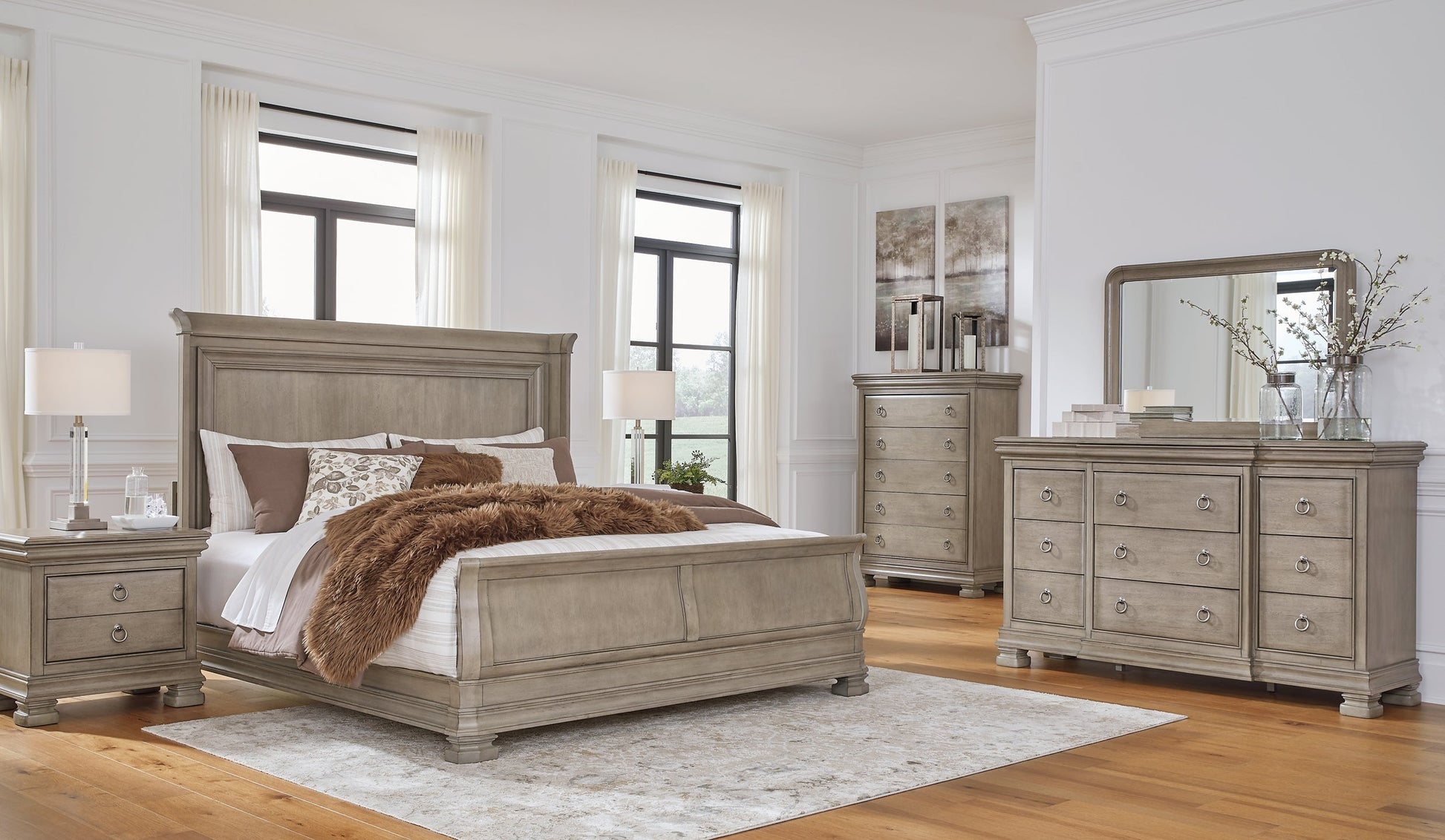 Lexorne California King Sleigh Bed with Mirrored Dresser, Chest and 2 Nightstands at Towne & Country Furniture (AL) furniture, home furniture, home decor, sofa, bedding